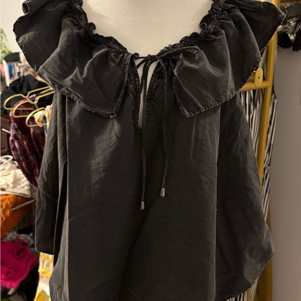 Free People Black Ruffle Blouse